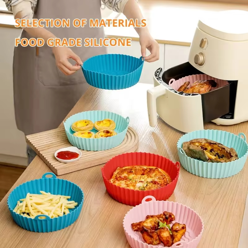 Air Fryer Silikon-Backblechmatte, kreisförmig, hochtemperaturbeständig, faltbar, Doppelohr-Backblech in Lebensmittelqualität