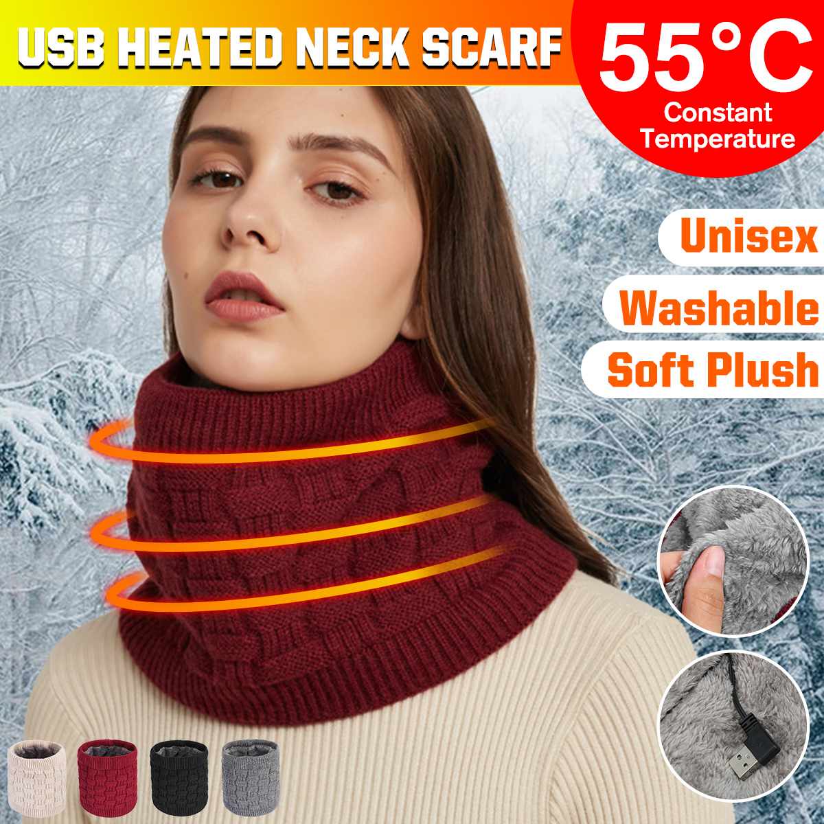 55 °C Constante Usb Verwarmde Sjaal Kunstmatige Wol Halswarmer Kraag Wasbare Winter Herfst Halswarmer Unisex