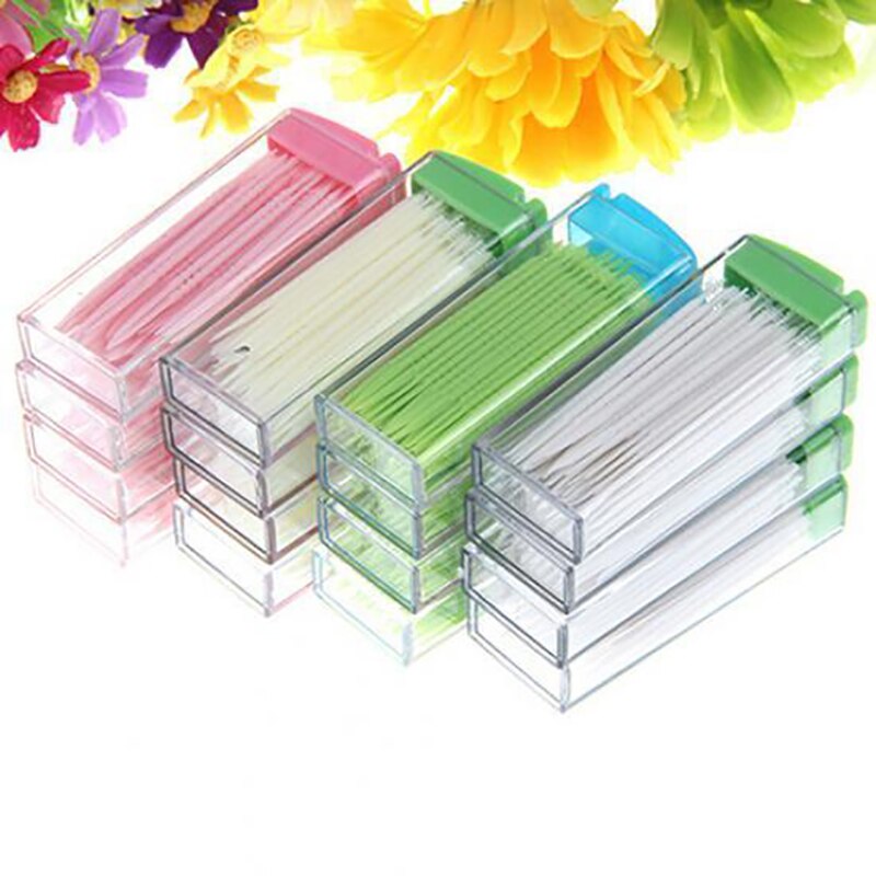 1 caja de palillos de dientes de plástico, palillo de dientes portátil y desechable, para limpieza Dental, de viaje, de dos cabezales, Color aleatorio
