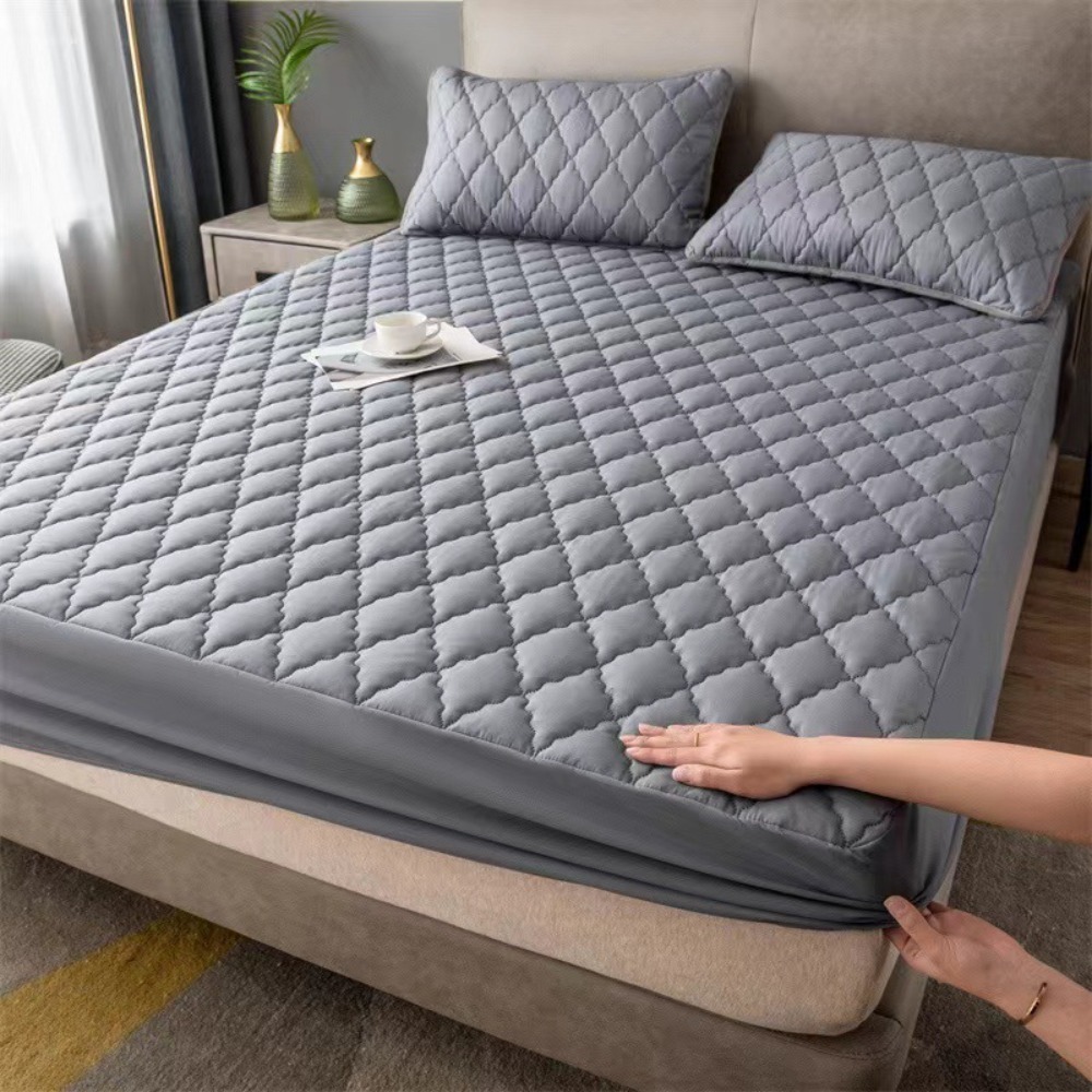 Waterproof Mattress Cover Solid Color Dust Proof Matress Protector Breathable Rhombus Lattice Pattern Bedspread King/Queen Size: Pink