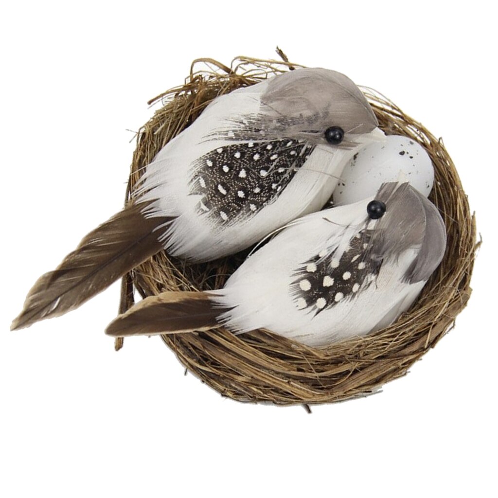 Pájaros artificiales pequeños hechos a mano, nido de paja con huevos, decoración de jardín