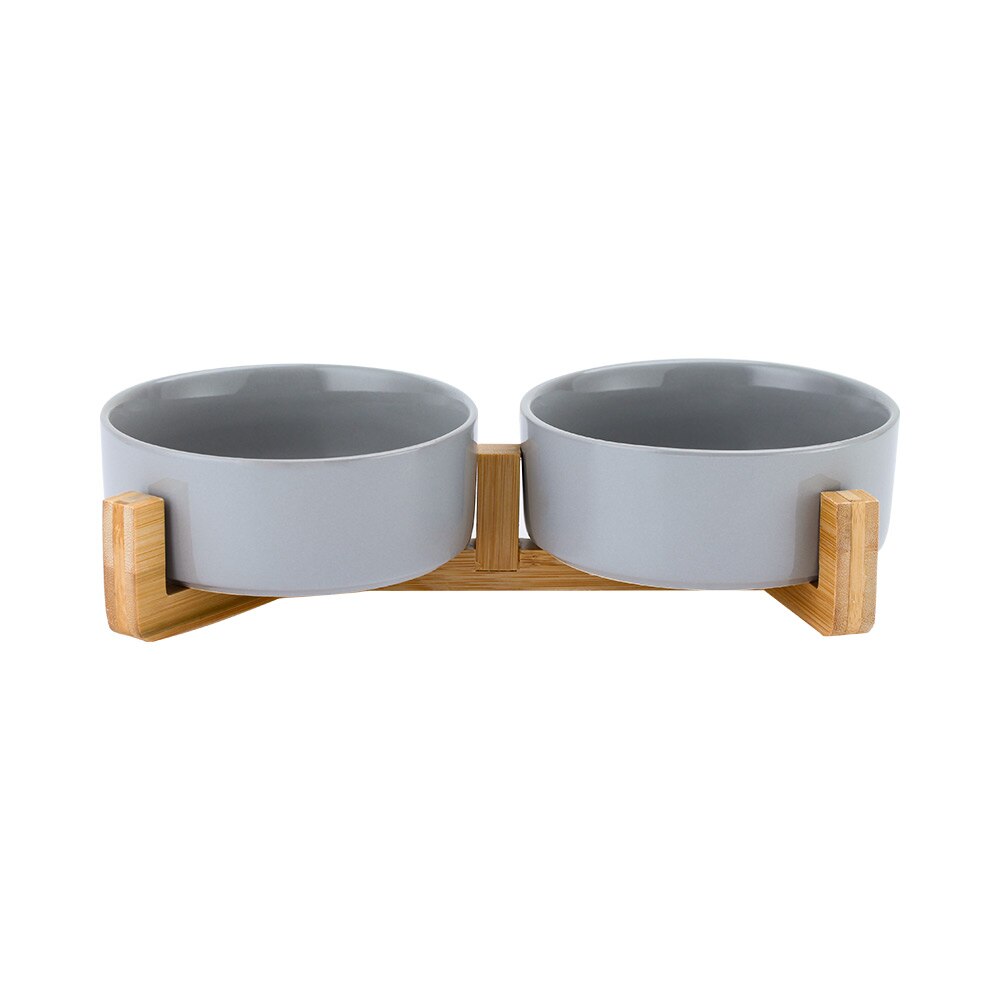 Bol pour chat surélevé en céramique avec support en bois, nourriture pour animaux domestiques, distributeur d'eau pour chats et chiens: Grey -2 / S