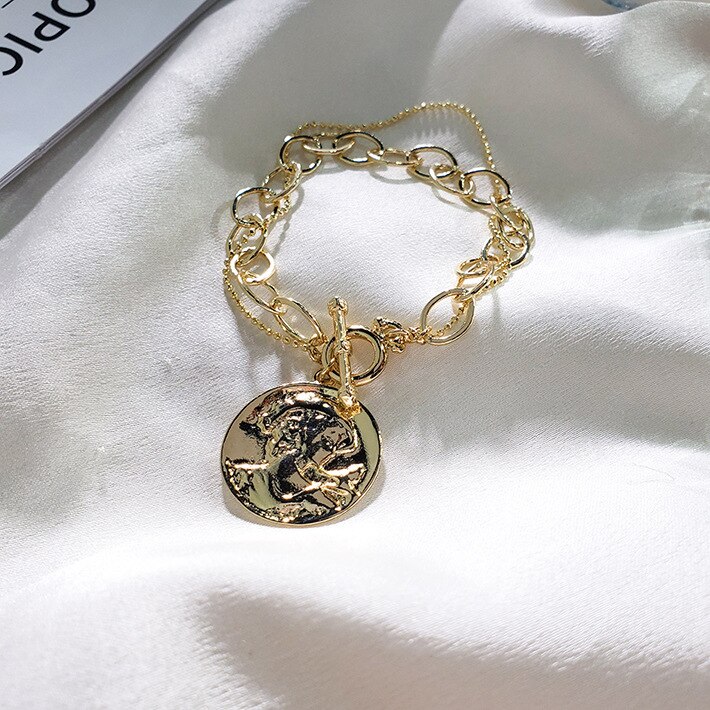 style personality retro gold plated human like pearl bracelet ocean wind gold thick bead chain bracelet Jewelry woman: Hot Stamping