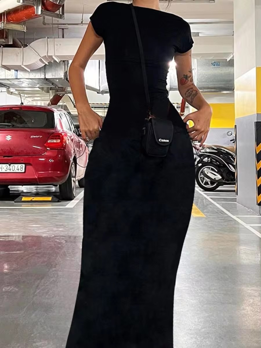 Koreaanse Solide Sexy Backless Maxi Jurk Vrouwen Elegante Elastische Slanke Korte Mouw Lange Jurken Vrouwelijke Bodycon Streetwear Kleding