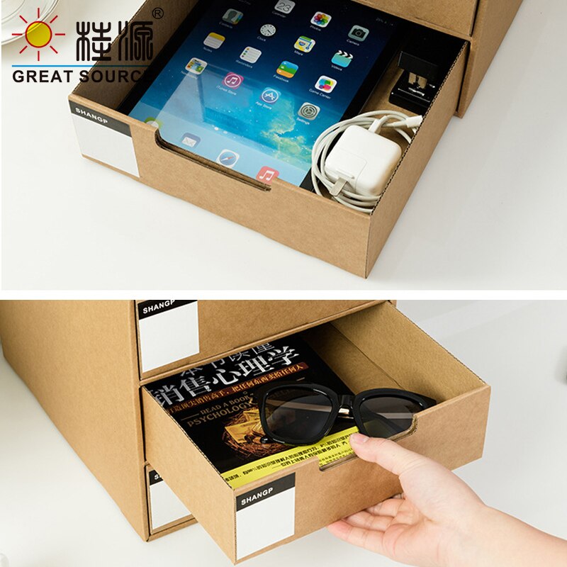 2 Layers Storage Composable Cabinet Office 2 Drawers Corrugate Foldable Home Storage Kraft Paper Environment Friendly(2PCS)