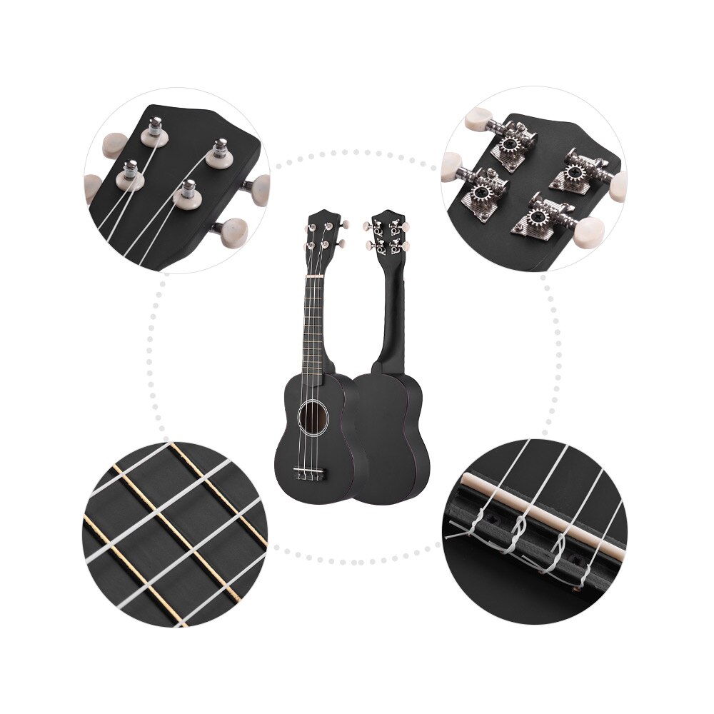 Ukulele Soprano acoustique de 21 pouces, Kit Uke en tilleul avec sac de transport, cordes de sangle Uke, médiators de guitare, accordeur noir