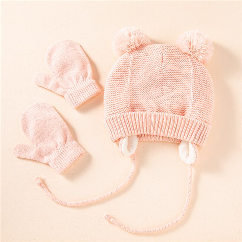 Set di 2 guanti per cappello da bambino Set di cappelli per bambini in maglia di pelliccia intrecciata a maglia solida 2021 inverno ragazzi ragazze bambini berretto cappelli per orecchie caldi