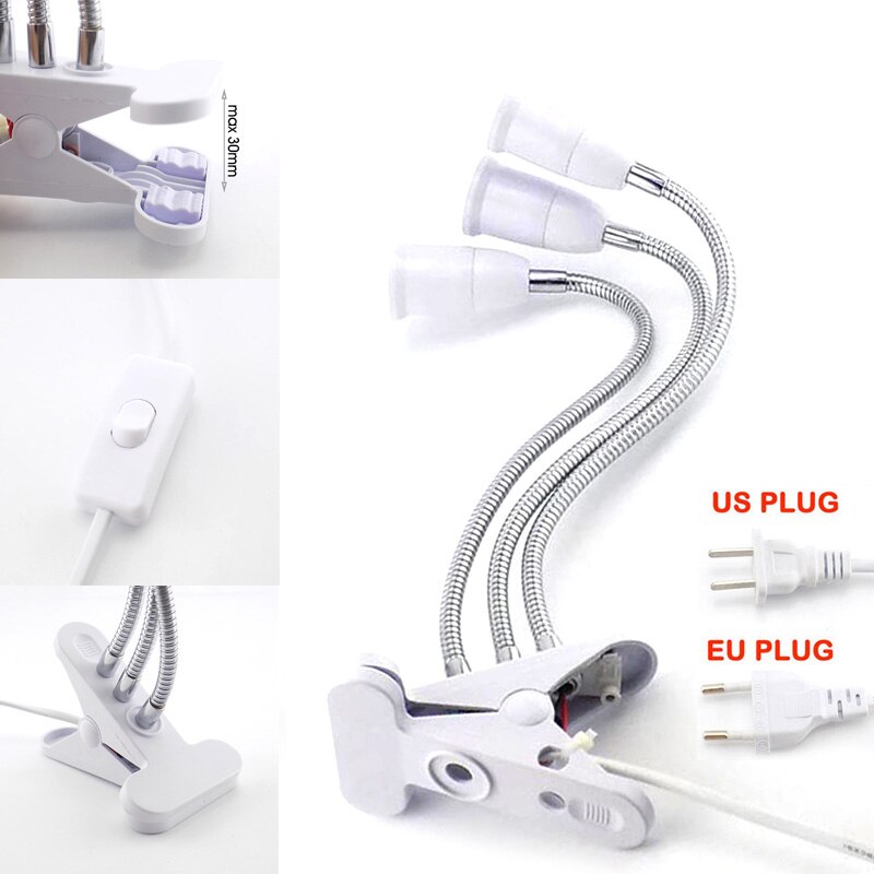 3 Head Flexible Light Clip E27 Socket With On/Off Switch Lamp Holder For Desk Light LED Plant Grow Bulbs Base EU/US Plug