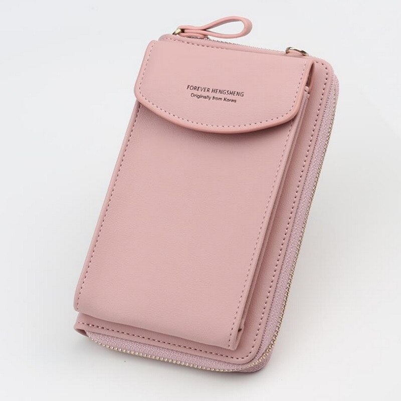 Women PU Leather Shoulder Bag Strap Purses Solid Color Mobile Phone Big Card Holders Wallet Handbag Pockets For Girls: pink B