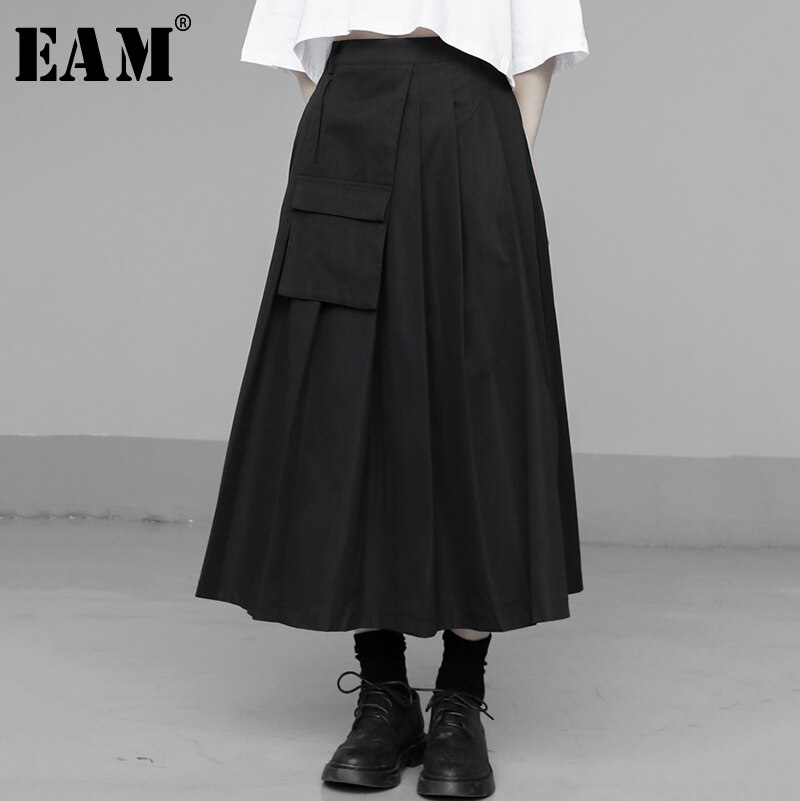[EAM] taille haute noir poche fendue Joint plissé tempérament demi-corps jupe femmes marée printemps automne 1U326