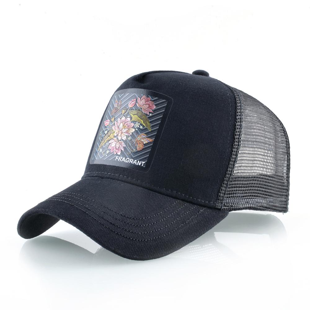 Justerbare baseball caps kvinner sommer pustende snapback pappa lue for menn patch baseball lue utendørs bomull netting lue: Svart blomst