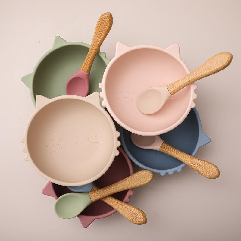1Set Baby Zachte Siliconen Kom Met Bamboe Houten Lepel Antislip Servies Bpa-vrij Keukengerei Met Zuignap cup Baby Supplises