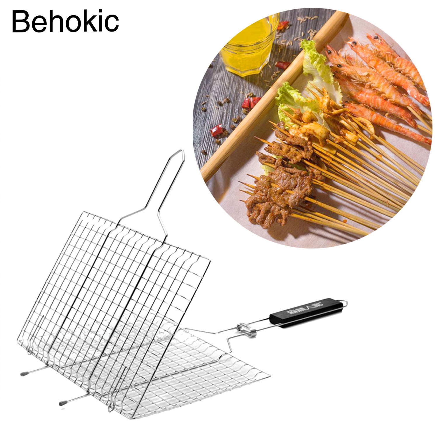 Behokic-rejilla de barbacoa de acero inoxidable plegable, cesta de asar para pescado, carne, verduras, utensilio de parrilla, accesorios para barbacoa