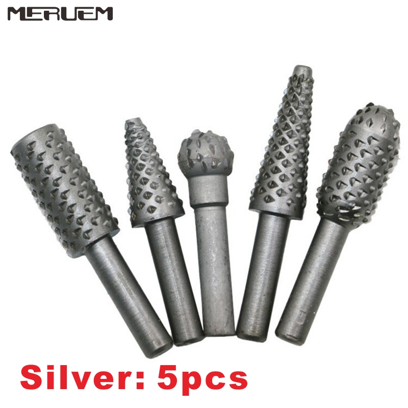 5pcs/6ps Steel Rotary Rasp File Set 6mm Shank Rotor Craft Files Woodworking Drill Bits Round Shank Rotary Burr Set: Silver 5pcs