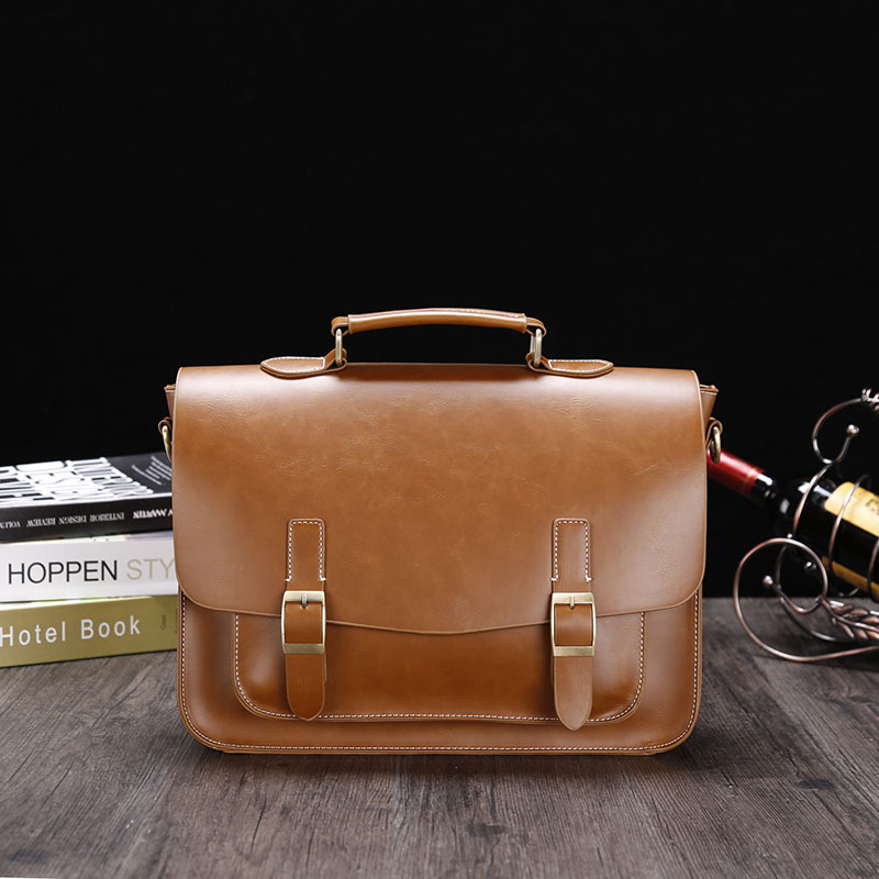 Porte-documents pour hommes Crazy Horse en cuir PU Vintage étudiant sacoche école bureau fourre-tout sac à main épaule affaires épaule sac pour femmes: YELLOW