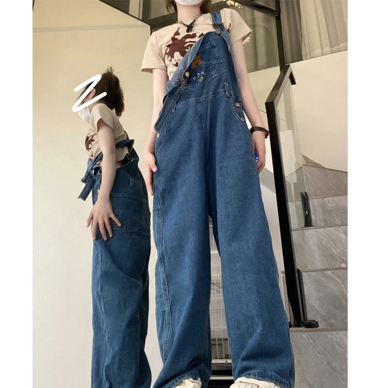 Oversize jumpsuit kvinnor söt nalle puh broderi vintage lös hög midja streetwear jeans jumpsuit