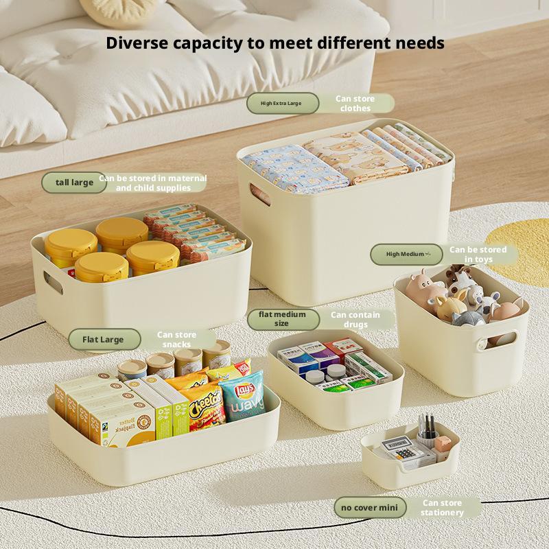Oppbevaringsboks for leker med lokk, skrivebordsplast, snacks, kosmetikk, arrangørkurv, sovesal, garderobe, diverse bukser, klær, oppbevaringsboks