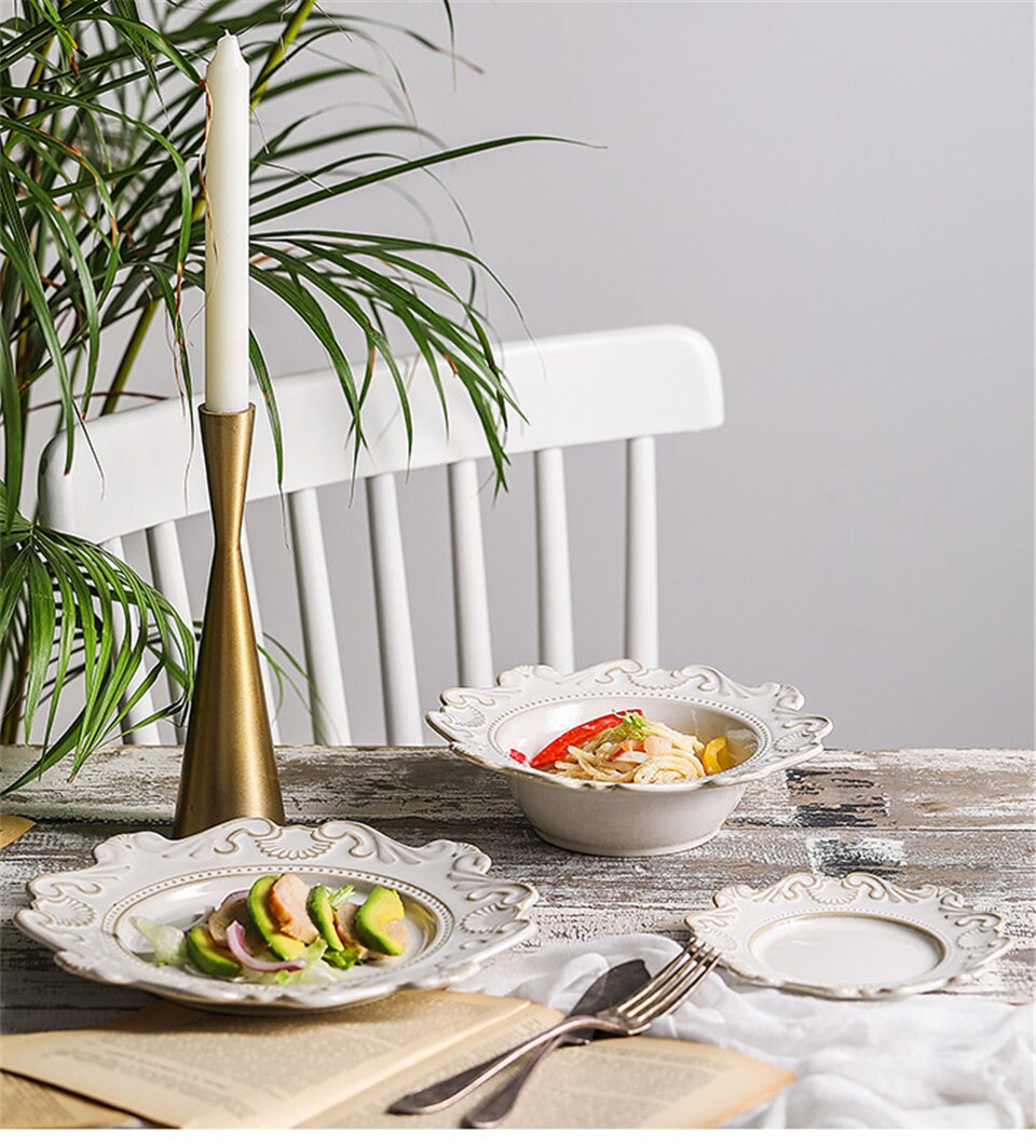 Vintage Relief Glazed Ceramic Food Dish Plate Fruit Dessert Plate Dish Meal Pasta Plate Soup Noodle Bow Plate Dishes Dinnerware