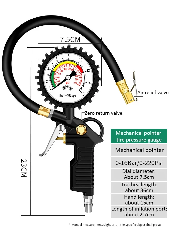 Medidor de pressão dos pneus 220psi medidor de pressão de ar carro monitor de pressão dos pneus inflator com mangueira flexível forcar caminhão motocicleta: Preto