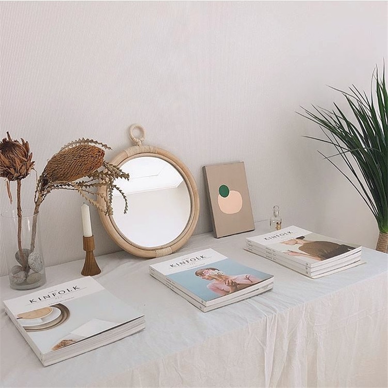 Espejo de pared de ratán decorativo Maison Nordic Korean Japan Estilo Vintage hecho a mano decoración colgante hogar redondo maquillaje espejos