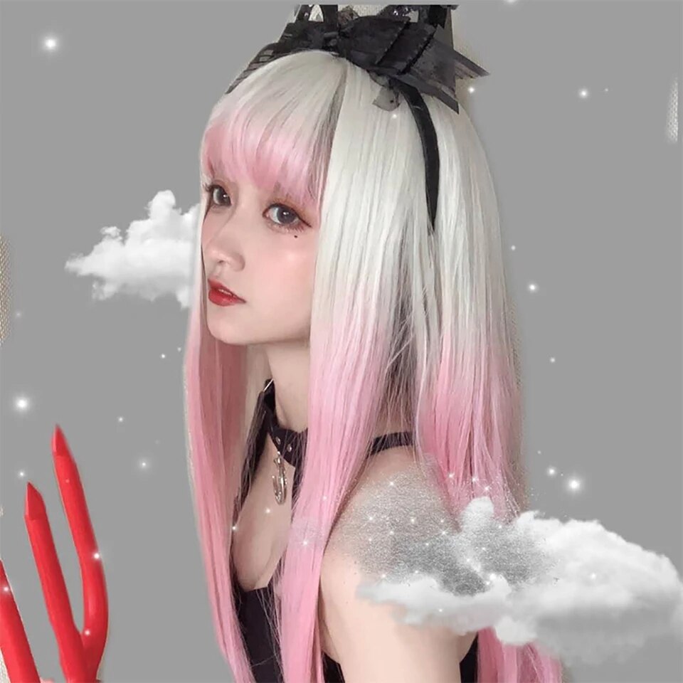 MEIFAN largo recto Cosplay de Lolita casco peluca sintética con flequillo mujer blanco Ombre pelo Rosa degradado peluca chica: White Pink gradient