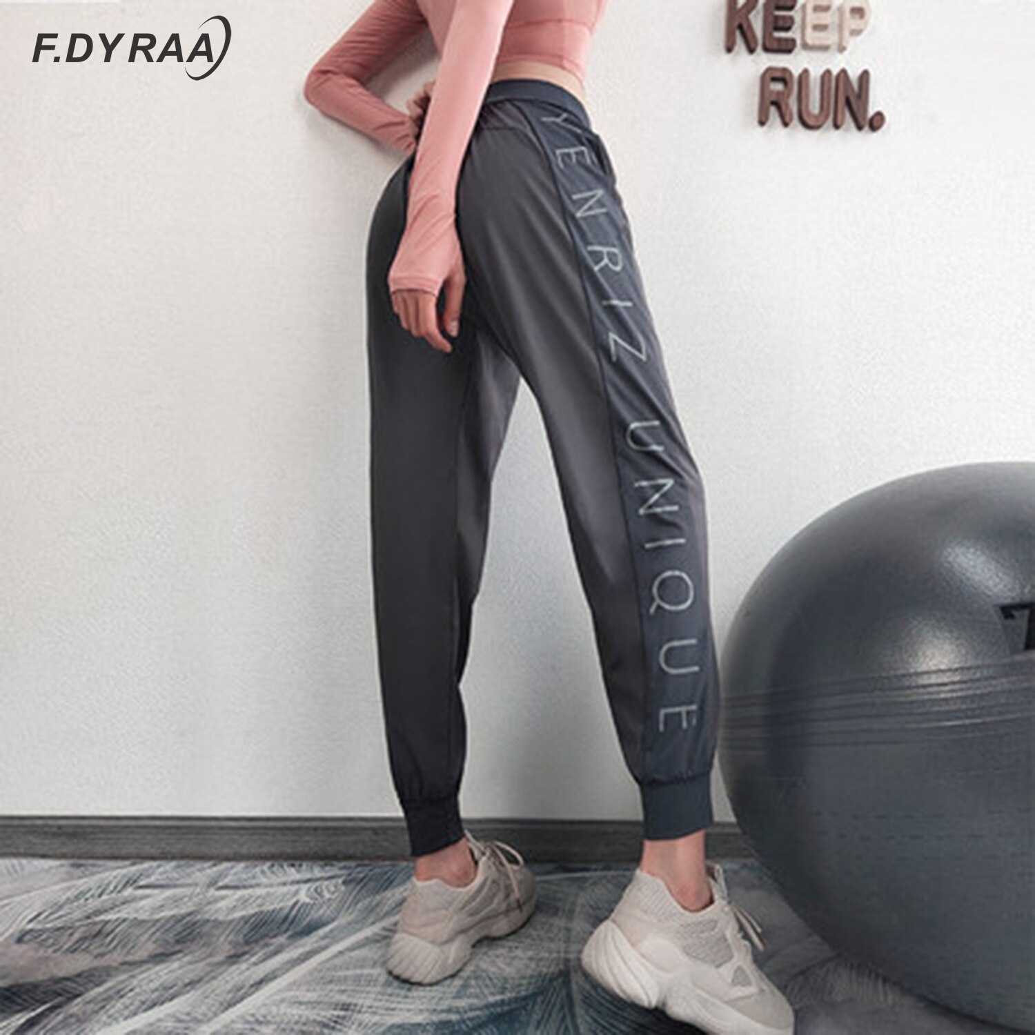 F. Dyraa Vrouwen Ademend Hoge Taille Sport Broek Mode Side Letter Gedrukt Hoge Stretch Jogger Mujer Broek Comfy Losse Broek