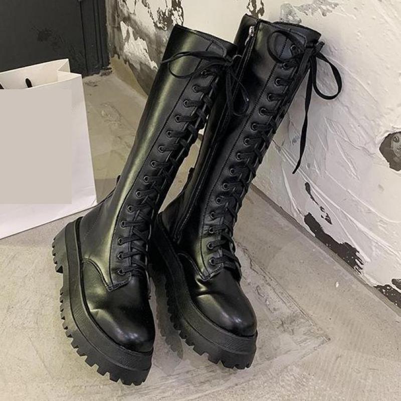 Plate-forme trapue en cuir Pu genou bottes hautes femmes Punk augmentant longue femme à lacets chaussons Mujer fermeture éclair Chelsea