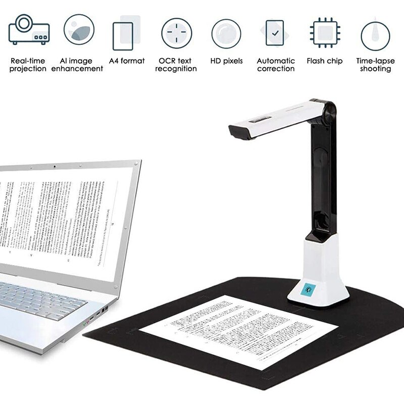Scanner portátil de alta definição, câmera de documentos com função de gravação de projeção em tempo real, scanner a4