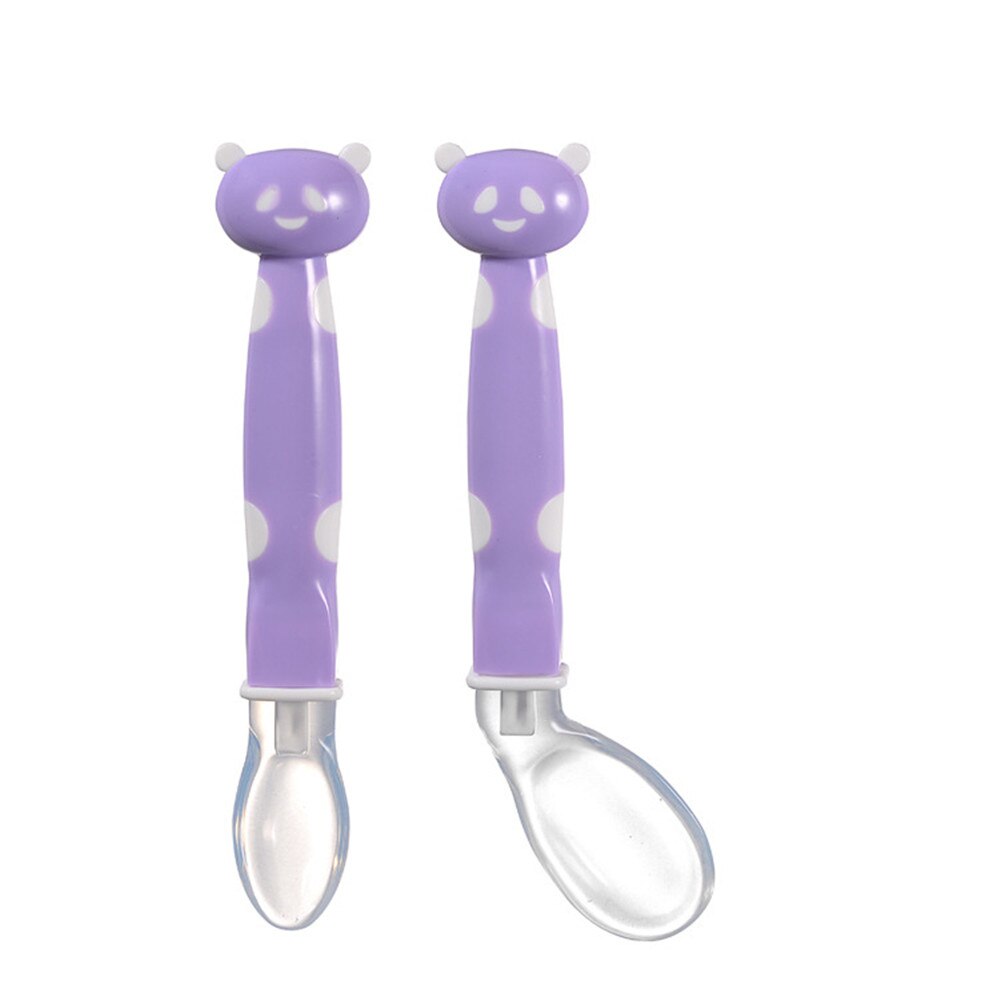 Cuchara de silicona suave para la alimentación para bebé vajilla con dibujos animados de Panda cucharas platos utensilios infantiles cucharas de aprendizaje 2 unids/set: Purple