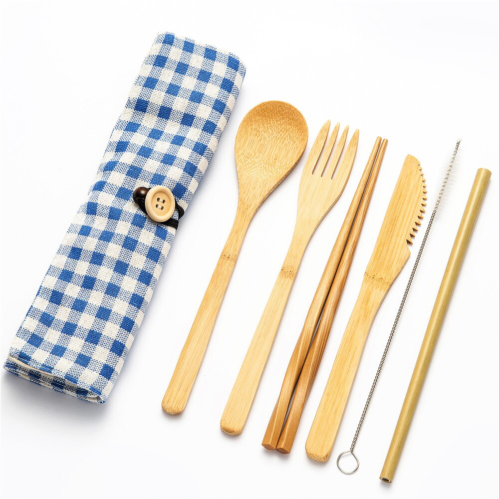 Eco-vriendelijke Reizen Herbruikbare Draagbare Bamboe Bestek Set Lepel Vork Eetstokje Sets 6 stks/set Straw Keuken Voedsel Servies Set: 7pcs set007