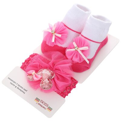 Belle bébé filles paillettes étoile gaze fleur décoré anti-dérapant coton cheville chaussettes avec élastique bandeau ensemble: E