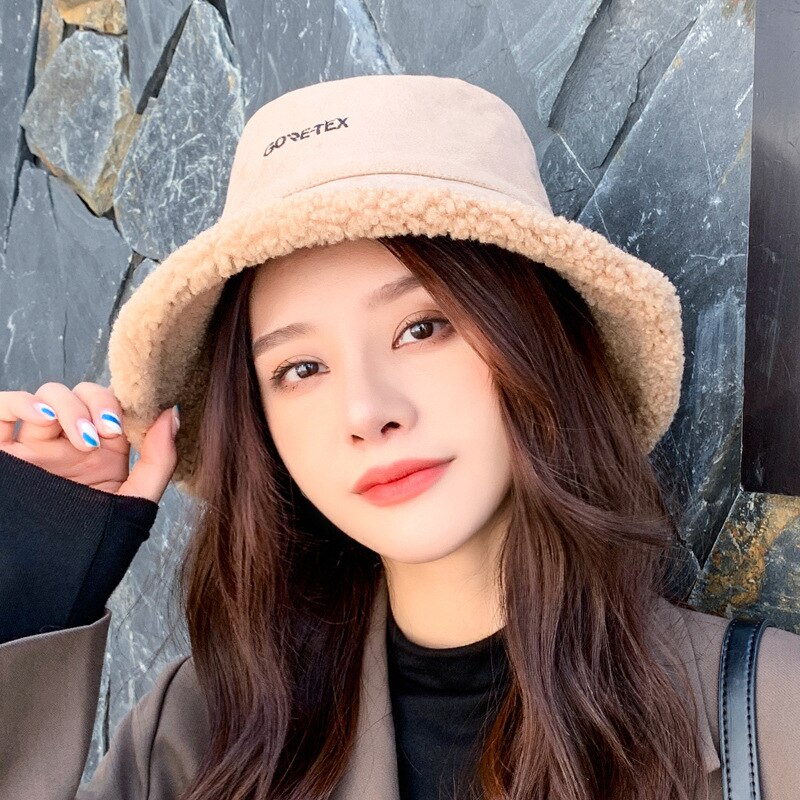 Gorro sombrero de pescador de lana oveja para mujer Otoño e Invierno estilo coreano salvaje pequeño arte fresco gorro de lavabo: Caqui