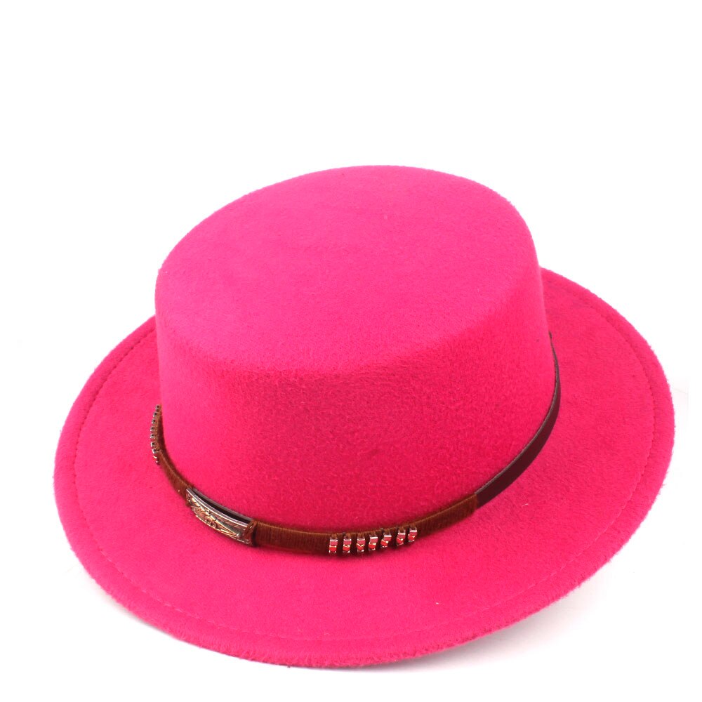 Unisex Men Women Flat Top Hat With Belt Retro Fedora Hat Wide Brim Hat Jazz Hat Size 56-58CM: Rose Red