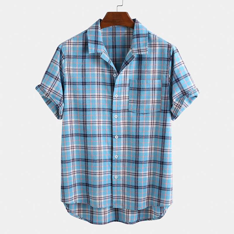 Sommer herre rutete skjorte bomull kortermet jakkeslag pustende skjorter herre ferie uformell streetwear knapp hawaiisk bluse: Blå / Xxl