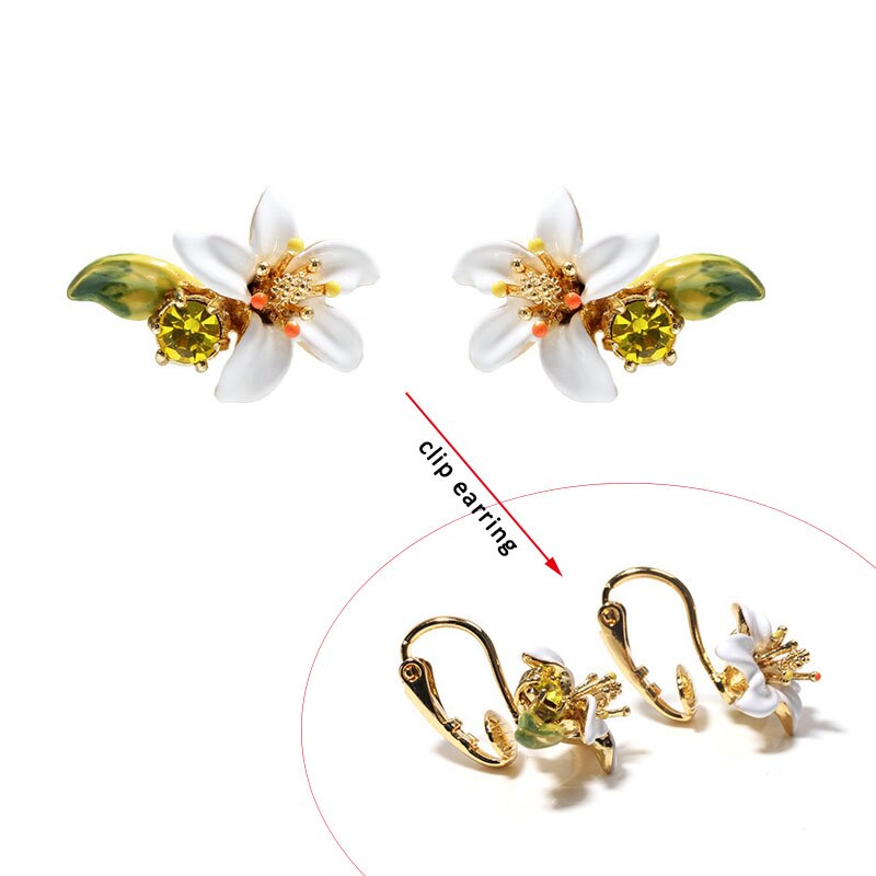 Romantisk søte oransje blomster perle ørering ring armbånd armbånd halskjede smykkesett for kvinner hvite blomster smykker: Ørepynt med no5 klips