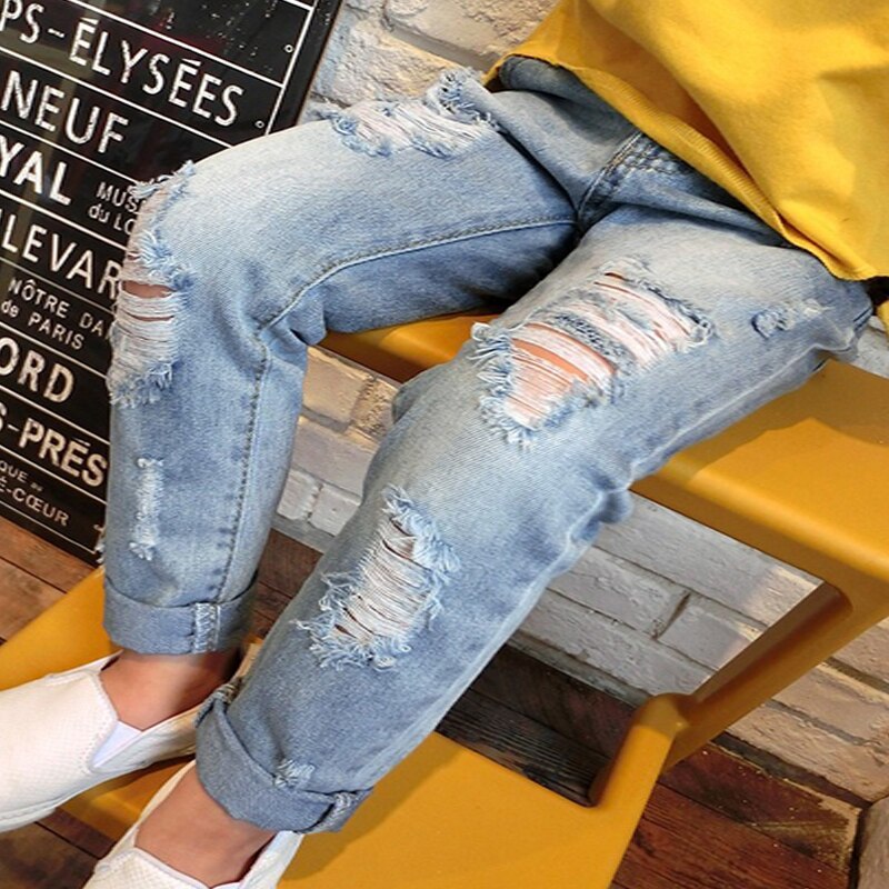 nouvelle multicolore trou petite fille jean garçon printemps et été Denim décontracté lâche revers jean enfants pantalons