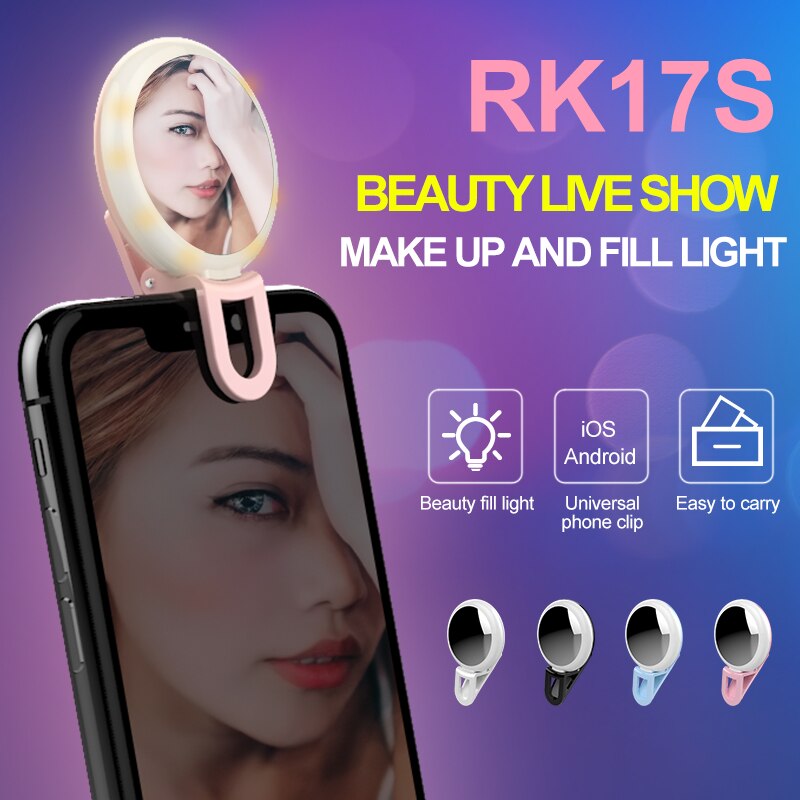 Selfie Ringlicht - RK17S Mini LED Blitz - 20 Birnen - 9 Helligkeitsstufen - Schminkspiegel - USB Betrieben für Handys