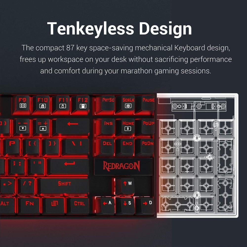 Redragon  k552 kumara mekanisk spilltastatur 87 taster rødt bakgrunnsbelyst gamer -tastatur