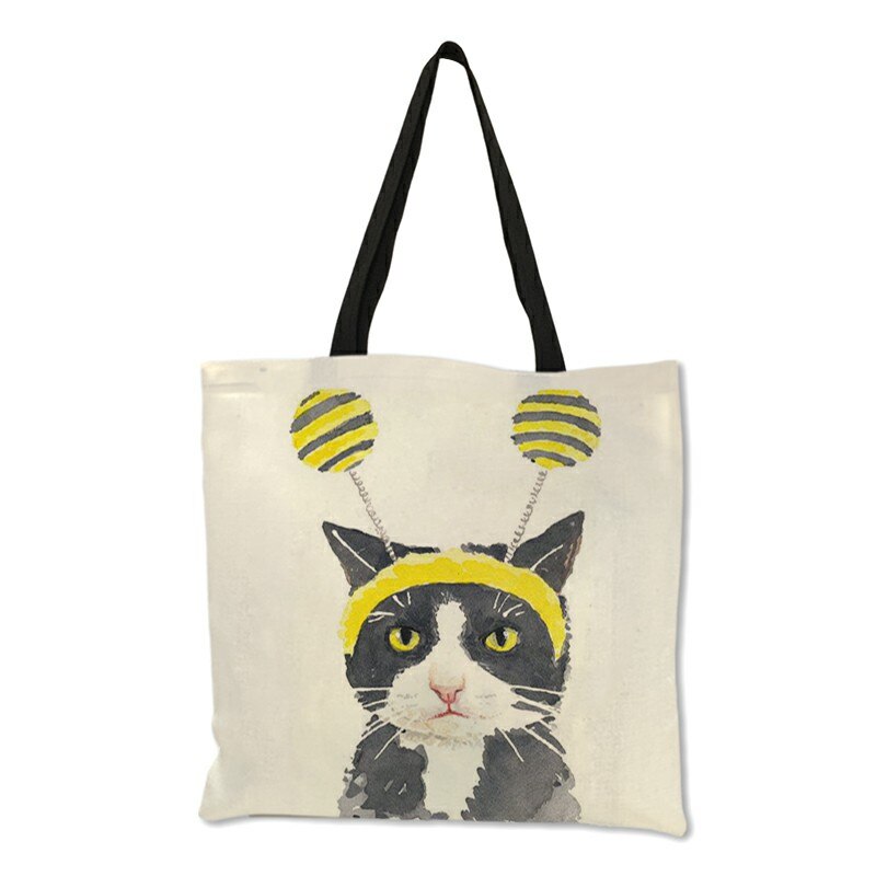 Cute Cat Print Reusable Shopping Bag Women Bags Summer Tote Bag Traveling School Bags B06034