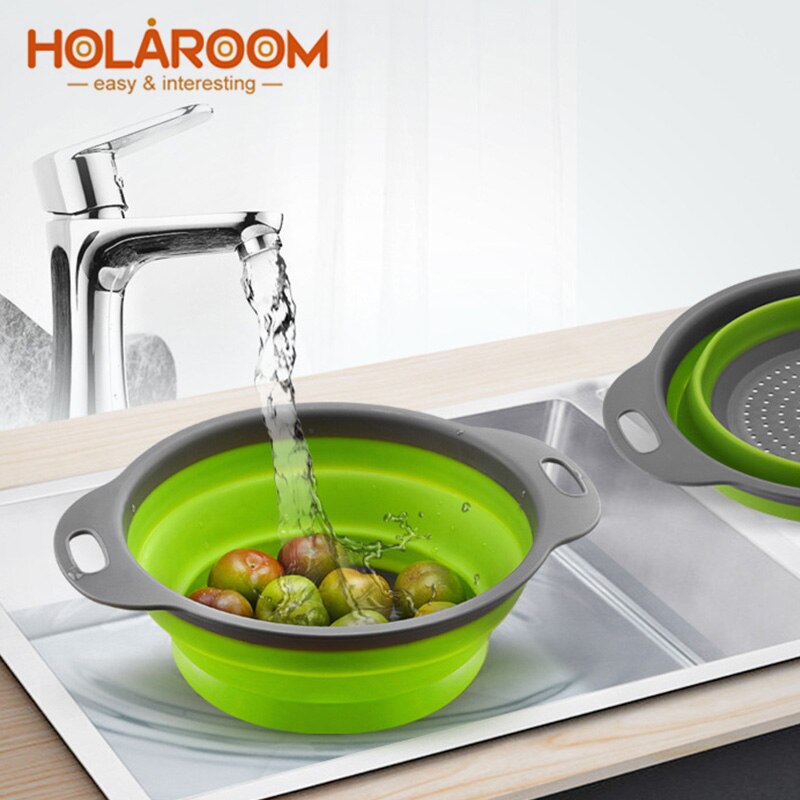 Holaroom Silicone Folding Drain Basket Retractable Fruit Vegetable Container Drain basket Kitchen Storage Gadgets