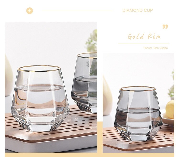 Vasos de cristal de estilo nórdico con forma de diamante para whisky, vasos de agua con borde dorado, 280ml,