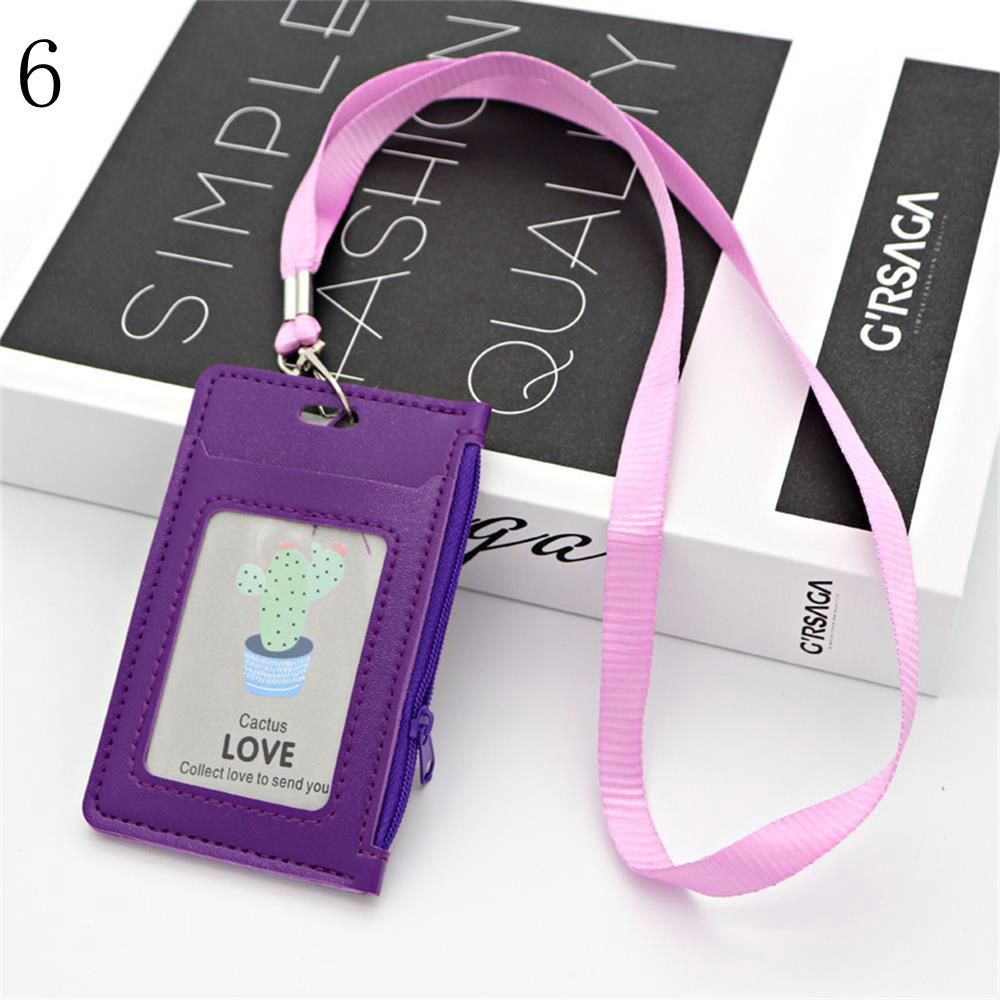 Faux Leather ID Badge Card Holder Zipper Card Cover Bag Coin Purse Business Card Case with Neck Lanyard: 6