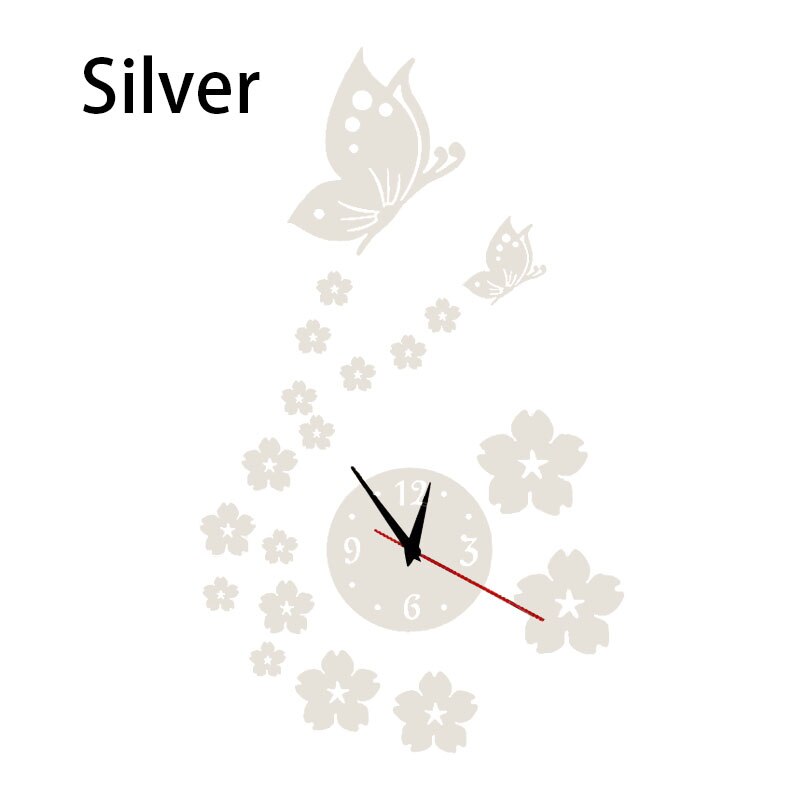 3d diy stereo vlinderspiegel acryl wandklok, muursticker klok, woondecoratie, woonkamer acryl spiegel wandklok: Zilver