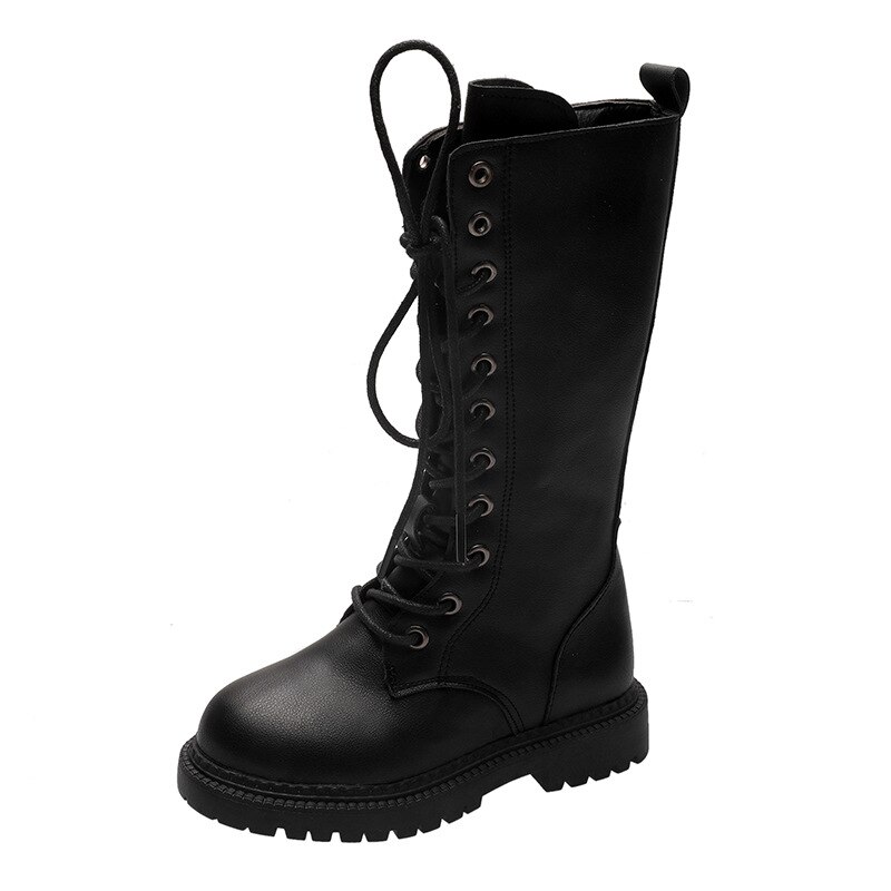Black Girls Boots 2022 Autumn Children Leather Cross-Tied Platform Boots Side Zipper Rubber Boots For Student Kids: 26
