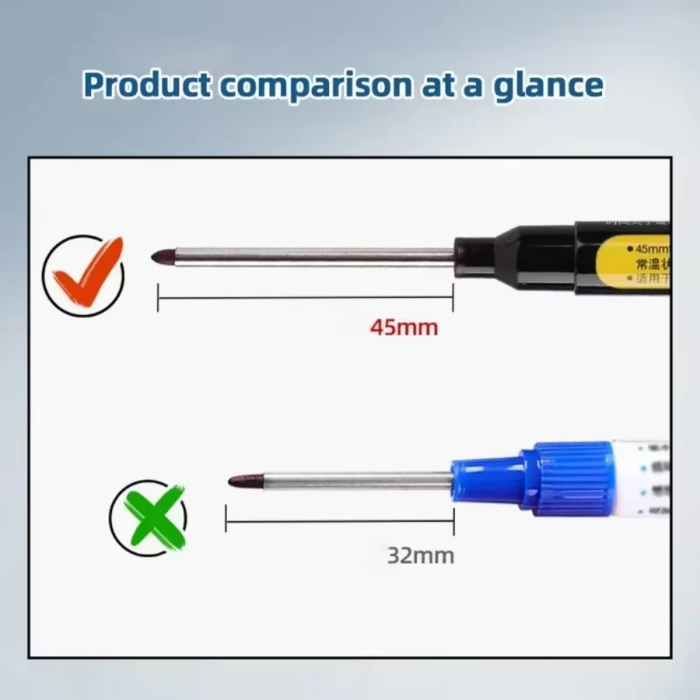 12-1 Uds. Rotuladores multiusos de 45mm de profundidad con agujeros, puntas largas, rotuladores impermeables para baño, carpintería, bolígrafos de carpintero de cabeza larga
