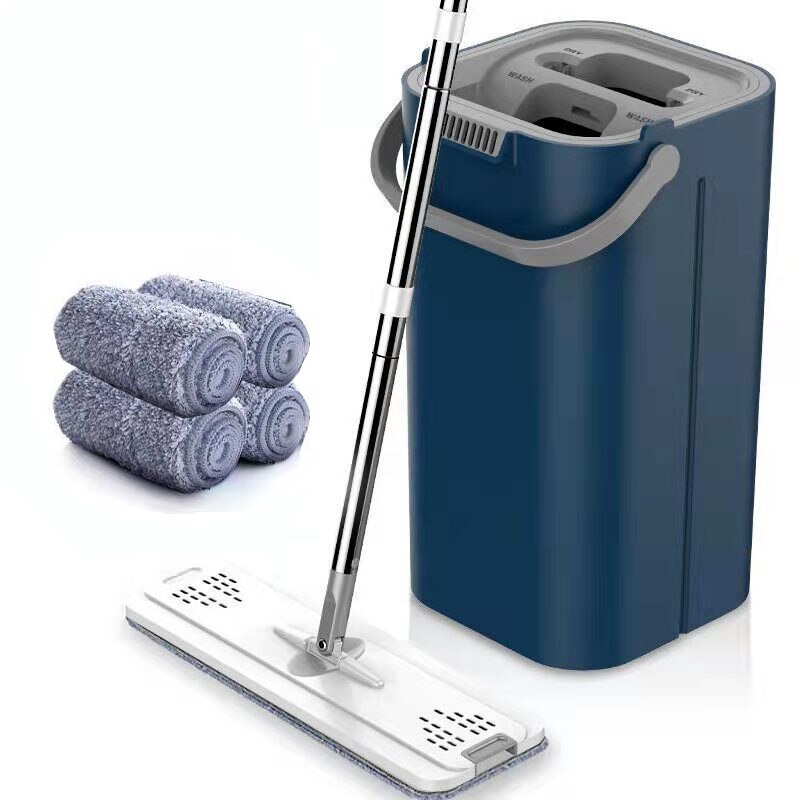 Balai serpillière plat et seau rotatif à 360 °, main libre, essorage libre, nettoyage paresseux du sol avec tampons en microfibre, utilisation humide ou sèche: 4 mop pads Blue