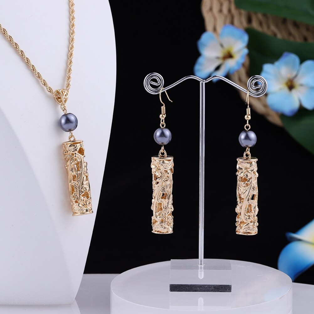 Cring Coco Earrings Necklace Set Hawaiian Polynesian Samoa Gold Hollow out Pearl Pendant Necklace Jewelry Set for Women: ZH0532GOGR