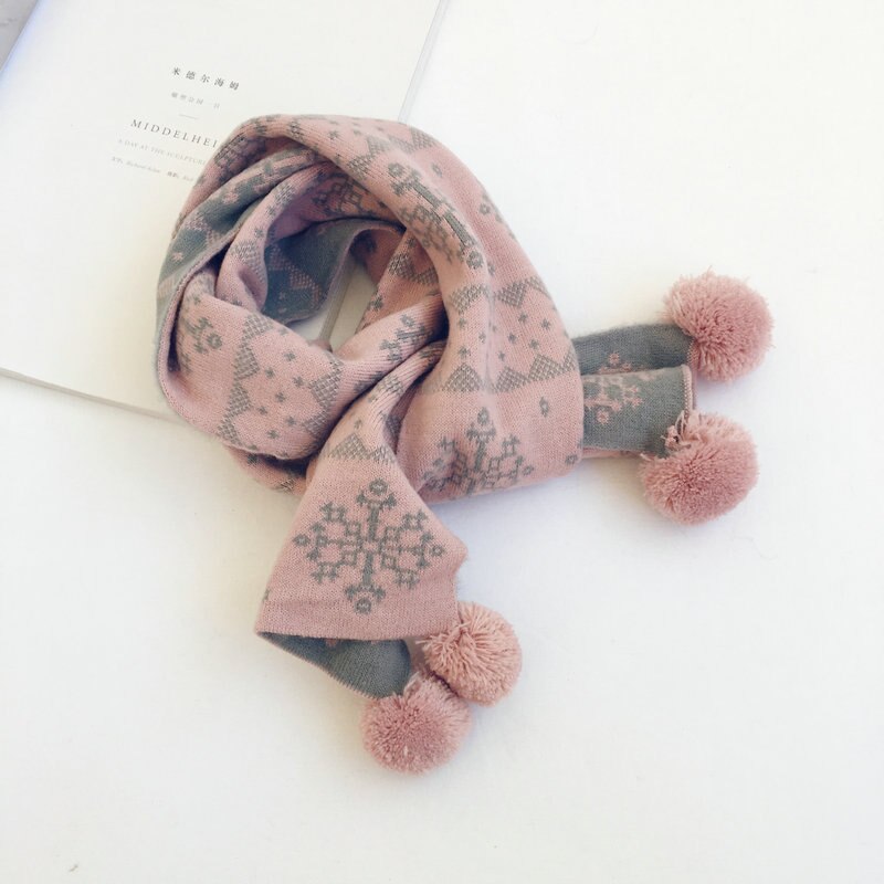 Basis gebreide sjaal gebreide colsjaal kleurrijke geruite sjaal speciaal voor kerstmis sneeuwvlokken sjaal scandinavische stijl kinderbreigoed: Roze grijs
