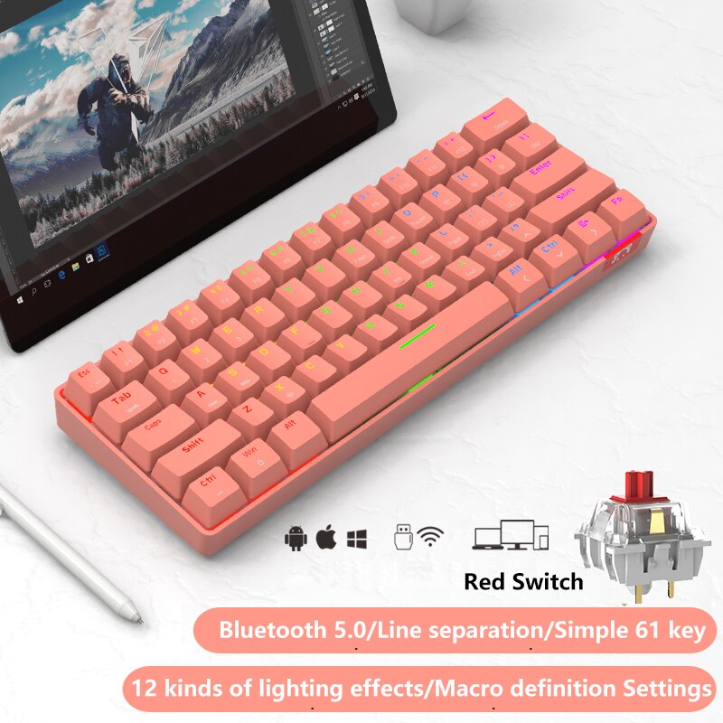 Ajazz STK61 Mechanical Keyboard Wireless Bluetooth 61 Keys Dual Mode Mix Backlit Mini Portable Gaming Keyboard for PC Desktop: Pink Red Switch