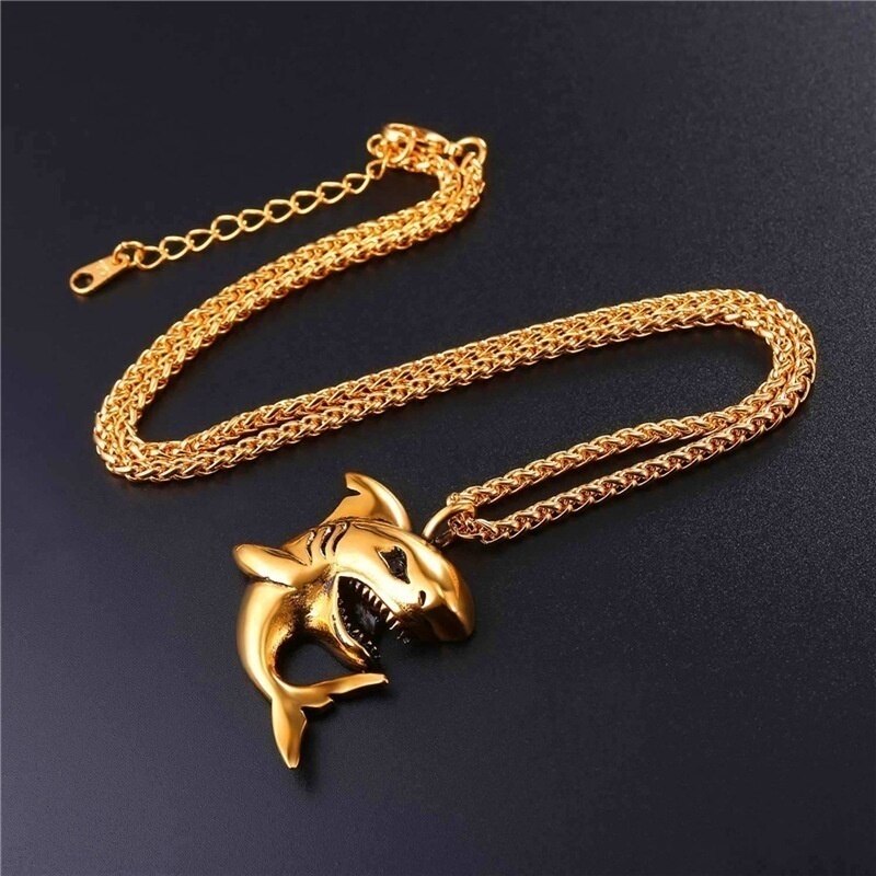Trendy Animal Shark Pendant Necklace for Men Metal Gold-Plated Shark Necklace Pendant Accessory Party Jewelry: -gold